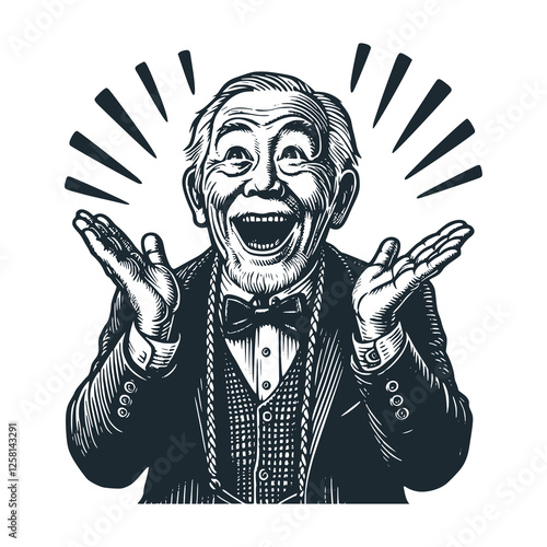 Grandpa with a happy face. Black white vector illustration.