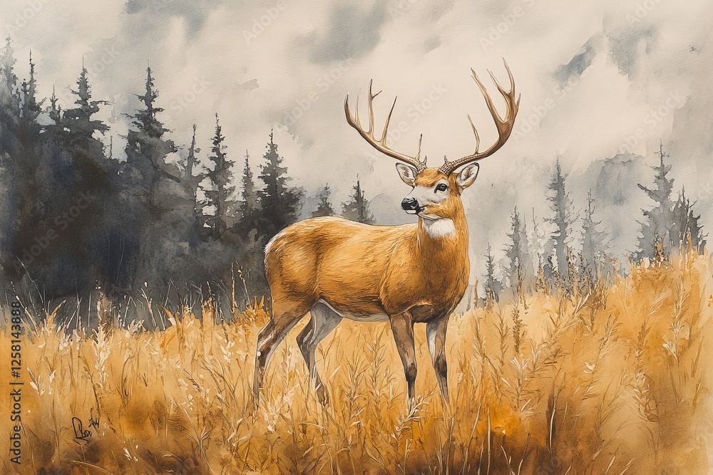 Fototapeta premium Majestic buck standing tall in a golden field surrounded by dense forest under an overcast sky