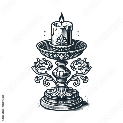 A LIGHTING CANDLE. Black white vector illustration.