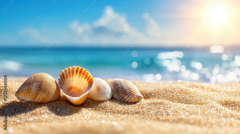 Beautiful Seashells on Sandy Beach with Sparkling Ocean Background Beautiful Seashells on Sandy Beach with Sparkling Ocean Background