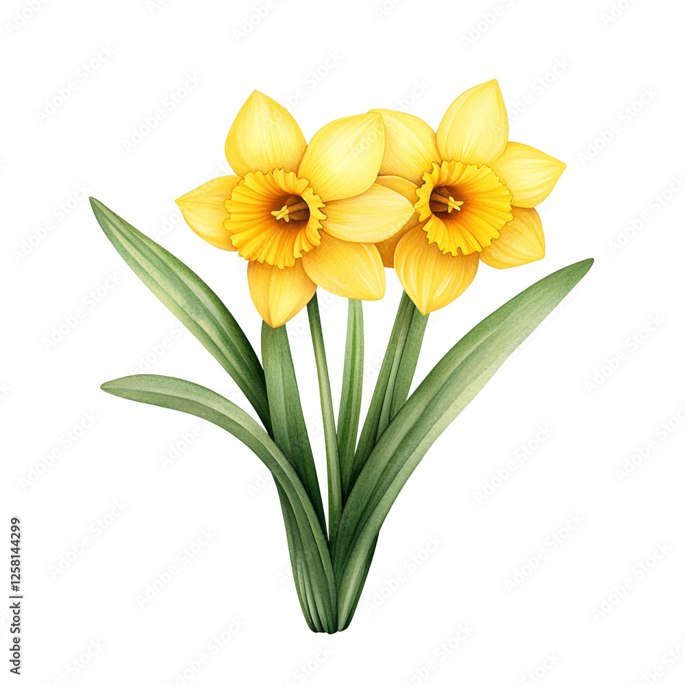 Fototapeta premium Bright yellow daffodils with vibrant green leaves, white isolated background.