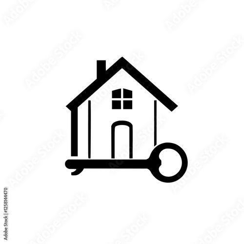 House silhouette with key, black and white, isolated on white background. photo