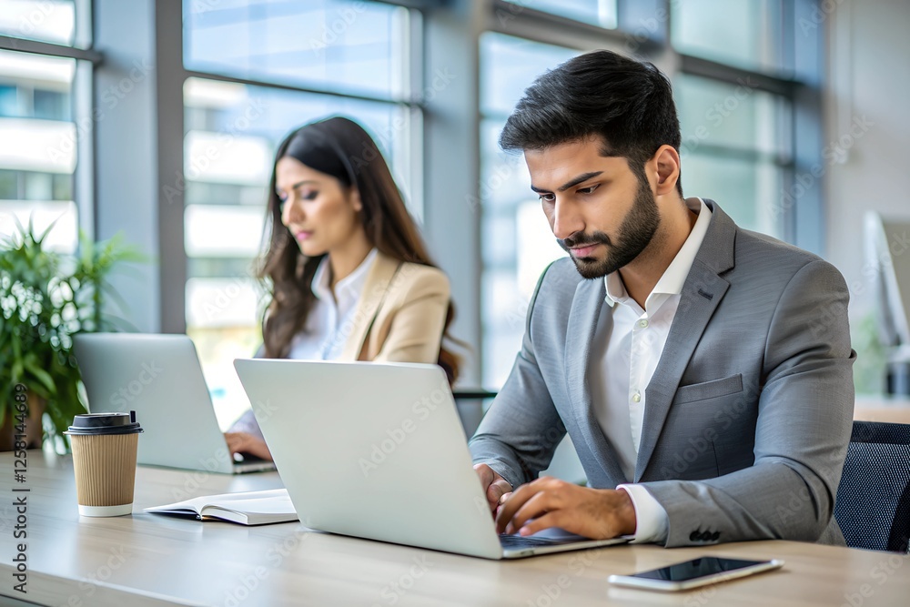 Ambitious young female entrepreneur from Asia, working on her laptop in a sleek urban office. Ambitious young female entrepreneur from Asia, working on her laptop in a sleek urban office.