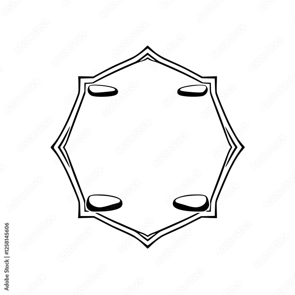 Geometric Frame with Oval Insignia, Black and White Monochrome Octagonal Composition.