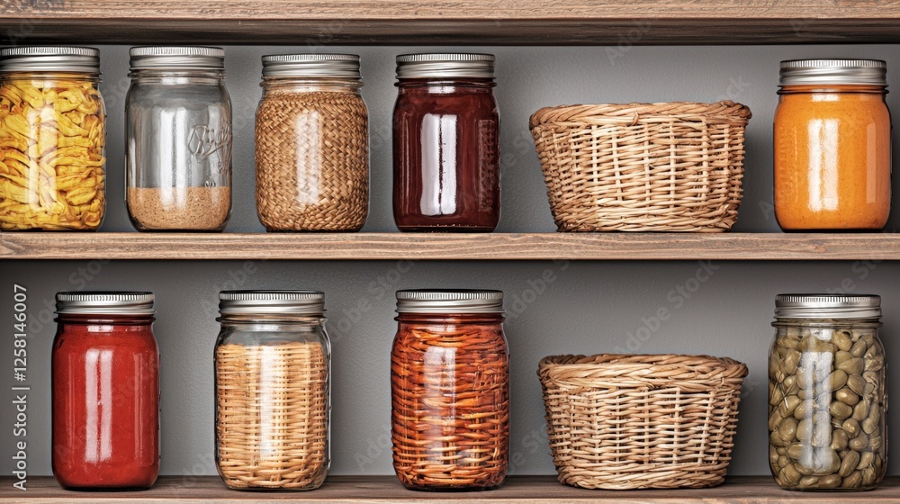 Home organization and storage ideas, A neatly arranged shelf displays various jars filled with colorful foods and a woven basket, showcasing an organized and inviting kitchen storage. Home organization and storage ideas, A neatly arranged shelf displays various jars filled with colorful foods and a woven basket, showcasing an organized and inviting kitchen storage.