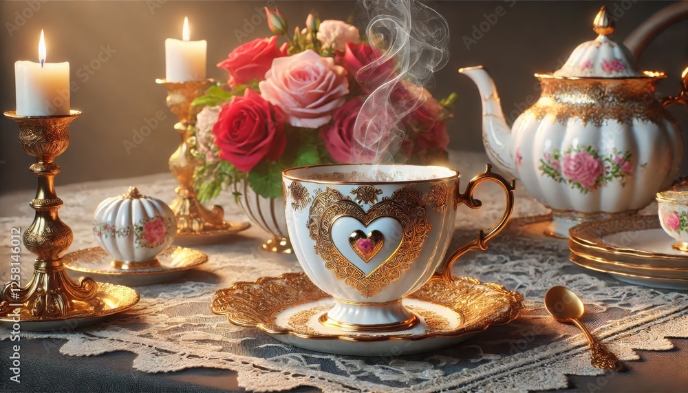 Fototapeta premium Vintage tea set with roses and candles, creating a romantic and cozy Valentine's Day tea ambiance.