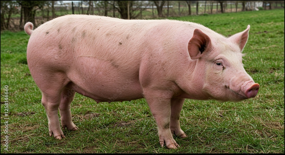 Pink Pig Standing in Green Field Awaiting Feeding Time Pink Pig Standing in Green Field Awaiting Feeding Time