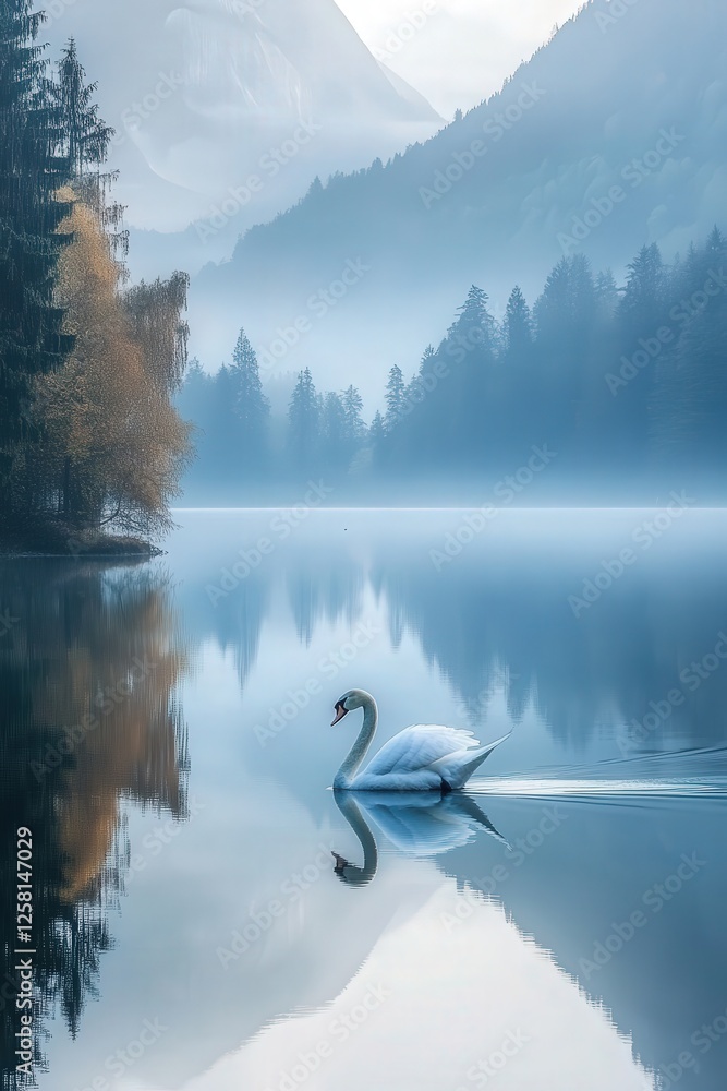 a swan gliding across a tranquil lake. The still water reflects the birds graceful movements, and the surrounding natural landscape of trees a swan gliding across a tranquil lake. The still water reflects the birds graceful movements, and the surrounding natural landscape of trees