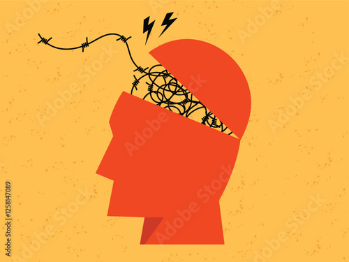 Human head silhouette with messy barbed wire line of thought, ADHD Attention disorder, mental disorder