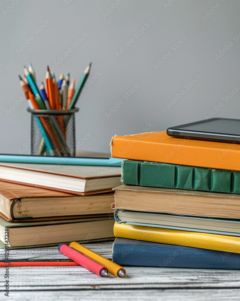 colorful stack of textbooks and stationery items on desk, creating vibrant study atmosphere colorful stack of textbooks and stationery items on desk, creating vibrant study atmosphere