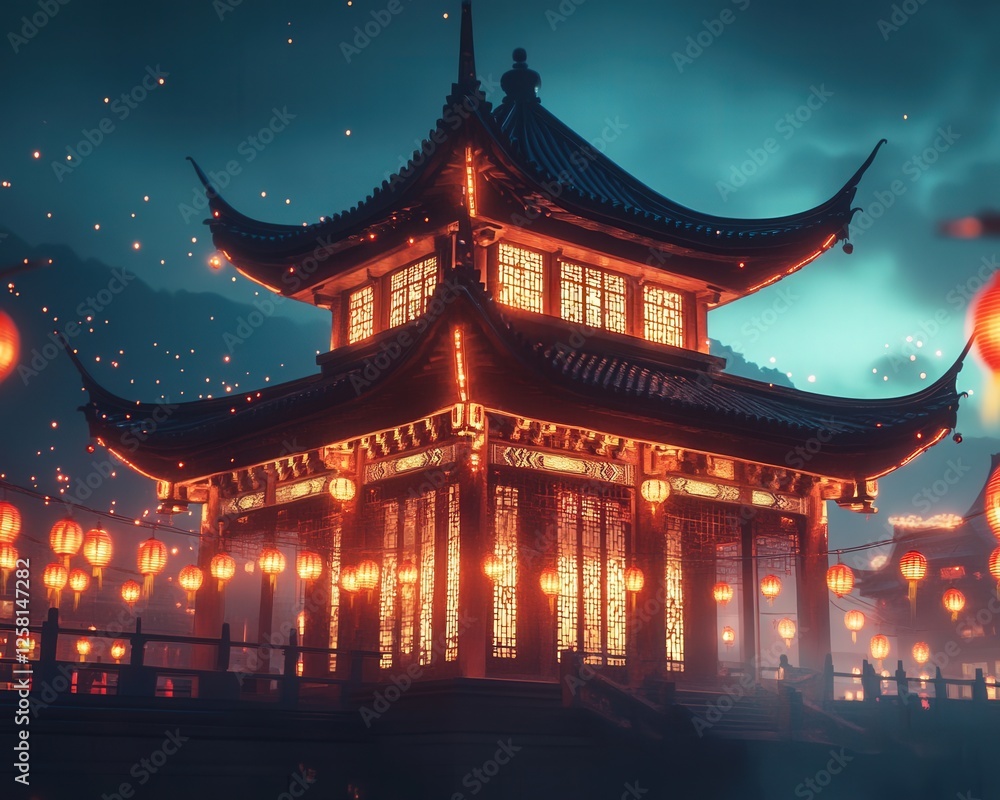 a traditional Chinese structure, with glowing red lanterns outlining the edges of the building, creating a vibrant and historic feel under the night sky a traditional Chinese structure, with glowing red lanterns outlining the edges of the building, creating a vibrant and historic feel under the night sky