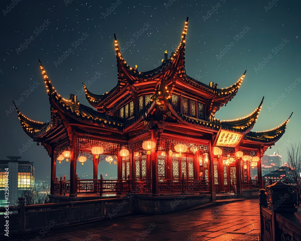 a traditional Chinese structure, with glowing red lanterns outlining the edges of the building, creating a vibrant and historic feel under the night sky a traditional Chinese structure, with glowing red lanterns outlining the edges of the building, creating a vibrant and historic feel under the night sky