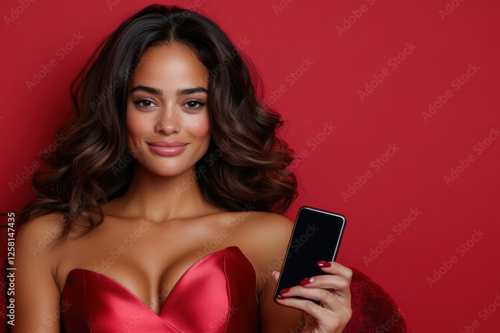 This striking image features a beautiful woman in red, confidently posing with her smartphone, highlighting her poise and elegance against a luxurious, red background. This striking image features a beautiful woman in red, confidently posing with her smartphone, highlighting her poise and elegance against a luxurious, red background.
