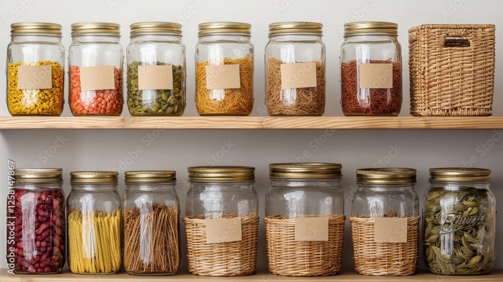Home organization and storage ideas, A neatly organized shelf featuring clear jars filled with various colorful grains, pasta, and legumes, alongside a woven basket. Home organization and storage ideas, A neatly organized shelf featuring clear jars filled with various colorful grains, pasta, and legumes, alongside a woven basket.