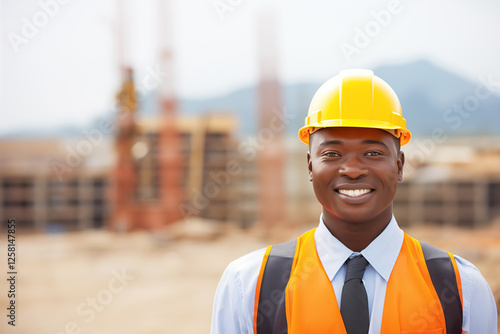 Portrait of a smiling construction worker wearing hardhat and safety vest standing in front of a construction site
