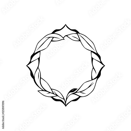 Botanical circular wreath of interwoven leaves in a stylized illustration, ideal for logos and graphic design purposes, against a pure white background.