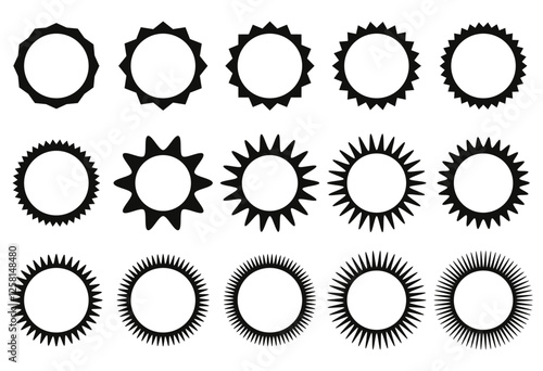 Collection of round frames with zigzag edges.Circle with wavy edges.Black blank promo stickers set.Set of round frames.Vector illustration. 