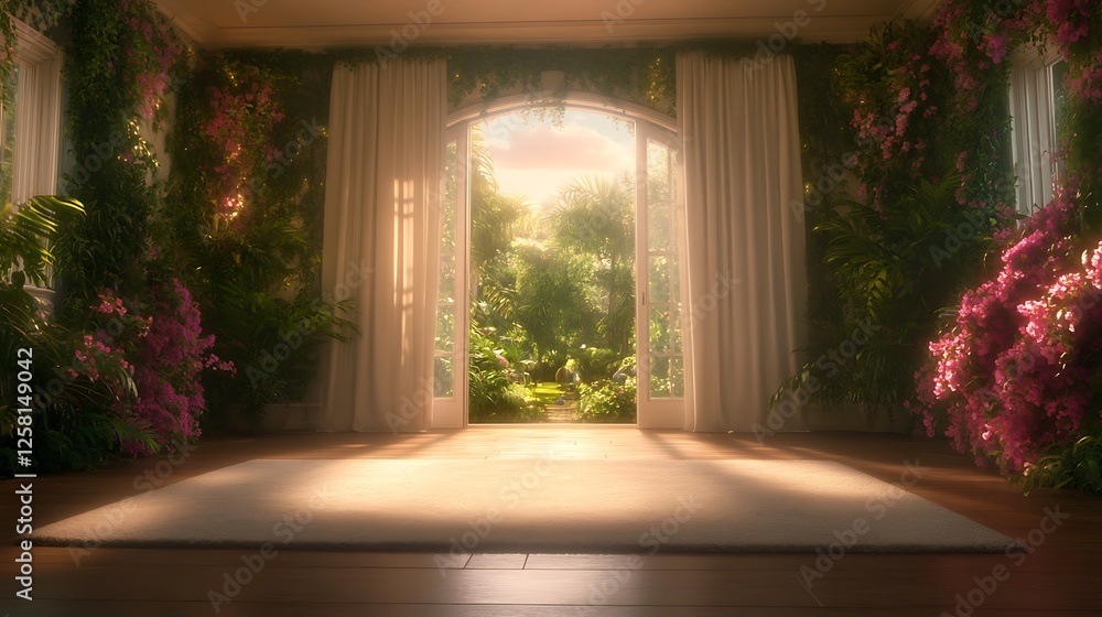 Fototapeta premium Lush Garden Room with White Curtains and Open Door Revealing Green Oasis Tranquil Interior Design