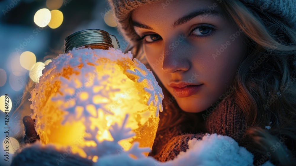 Naklejka premium A woman holding a warm glowing lantern, set against the backdrop of snowy seasonal atmosphere