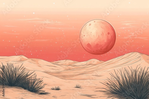 Vast desert landscape under a glowing red planet during twilight sky photo