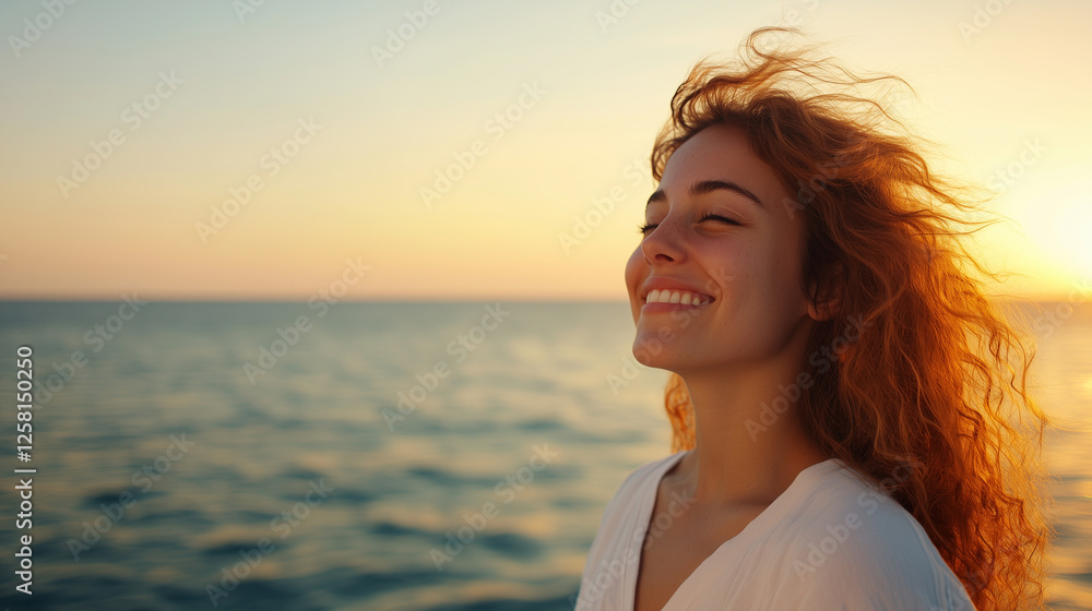 A young woman with curly hair enjoying serene ocean view. A young woman with curly hair enjoying serene ocean view.