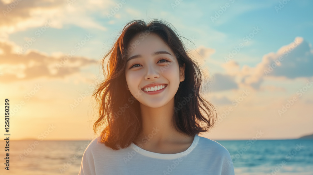 young woman smiles joyfully at beach during sunset, with ocean waves in background. young woman smiles joyfully at beach during sunset, with ocean waves in background.