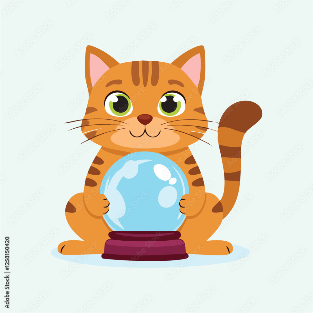 Fototapeta premium Cute cat holding a crystal ball and seeing the future