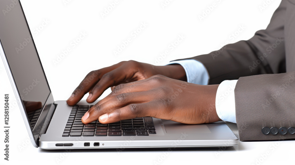 Close-up of a businessman typing on a laptop against a white background symbolizing productivity technology and efficiency Close-up of a businessman typing on a laptop against a white background symbolizing productivity technology and efficiency