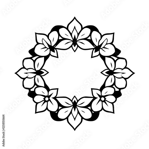 Geometric floral design, black and white, with a circular arrangement of blossoms, minimalist and elegant.