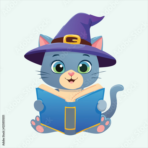  wizard cat reading a tiny spell book floating beside