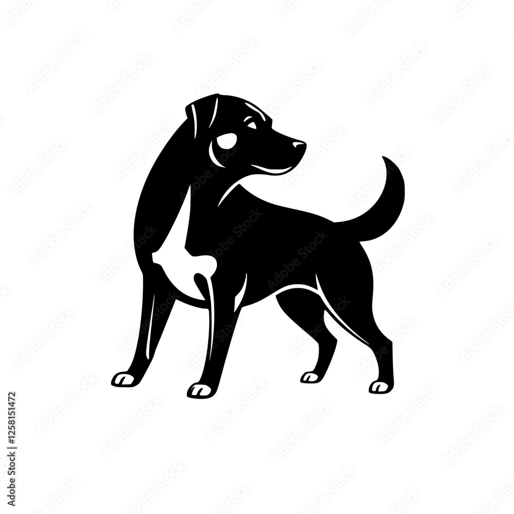 Silhouette of a black dog standing, displaying a white chest marking.