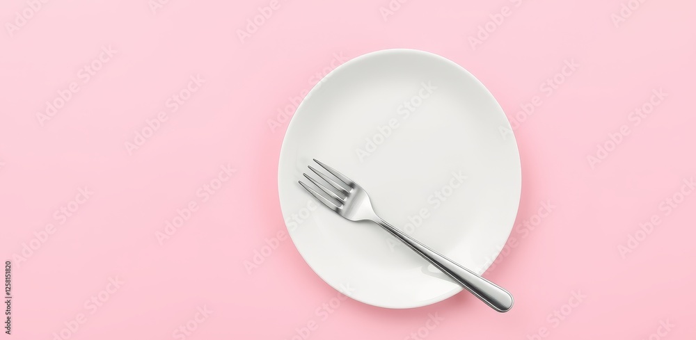 Empty white plate with silver fork on pink background. Minimalist table setting, dining, restaurant, food preparation, and meal concept Empty white plate with silver fork on pink background. Minimalist table setting, dining, restaurant, food preparation, and meal concept