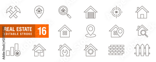 Essential real estate editable stroke icon set showcasing property elements