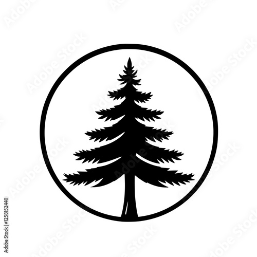 Silhouette of a pine tree within a circle, a modern minimalist logo, showing a black silhouetted fir, set on white.