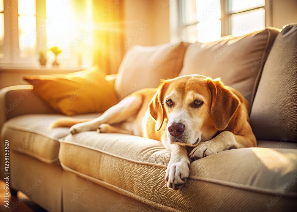Happy Dog Relaxing on Cozy Couch, Sunny Daytime Happy Dog Relaxing on Cozy Couch, Sunny Daytime
