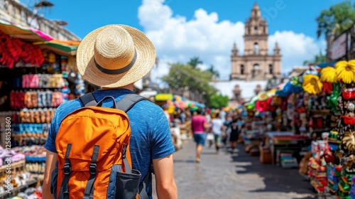 Traveler Exploring Vibrant Market in Colorful Town Square Scene