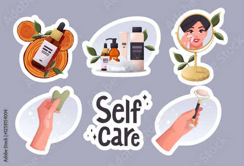 Self care sticker set. Applying serum, cream, skin care beauty products. Roller, Gouache scraper for face massage. Vector illustration.