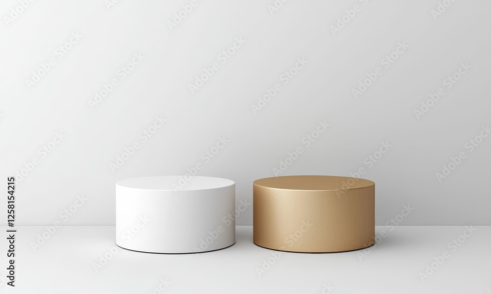 Minimalistic display podiums in white and gold, perfect for showcasing products or decor in modern interiors. Minimalistic display podiums in white and gold, perfect for showcasing products or decor in modern interiors.