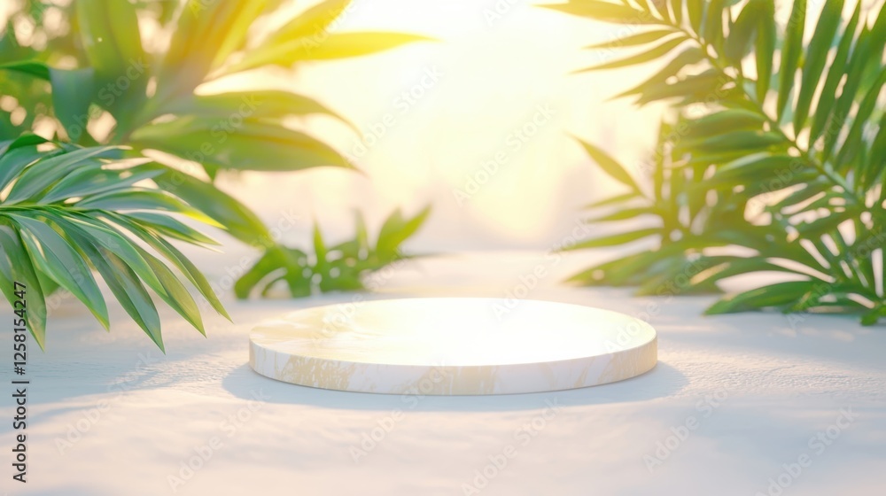 A serene nature scene featuring a circular platform surrounded by lush greenery and warm sunlight, perfect for product displays. A serene nature scene featuring a circular platform surrounded by lush greenery and warm sunlight, perfect for product displays.