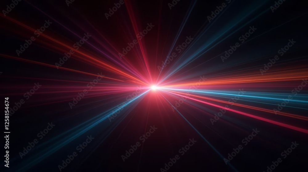 Abstract light burst with red and blue glowing rays on black background. Futuristic energy explosion and digital speed effect Abstract light burst with red and blue glowing rays on black background. Futuristic energy explosion and digital speed effect