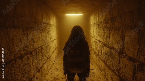 Mysterious Journey in an Ancient Tunnel Backpacker Exploring Historic Passageway with Backpack on photo