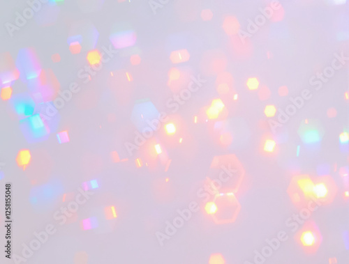Soft pastel bokeh hexagon shaped lights with blurred iridescent and rainbow hues, sparkly, grain overlay on transparent background