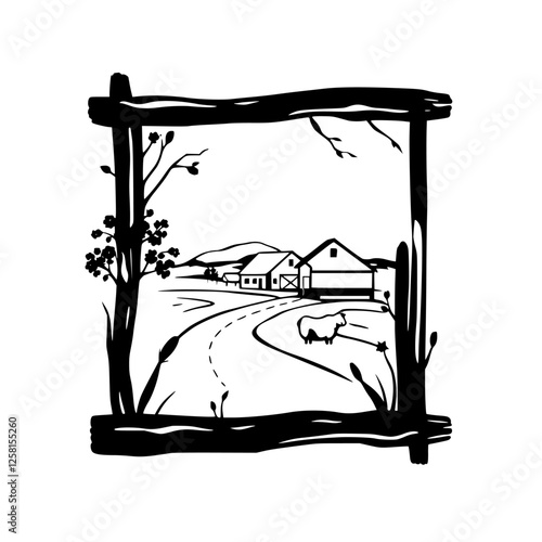 Farm life illustration, black and white, framed by a stylized rustic frame.