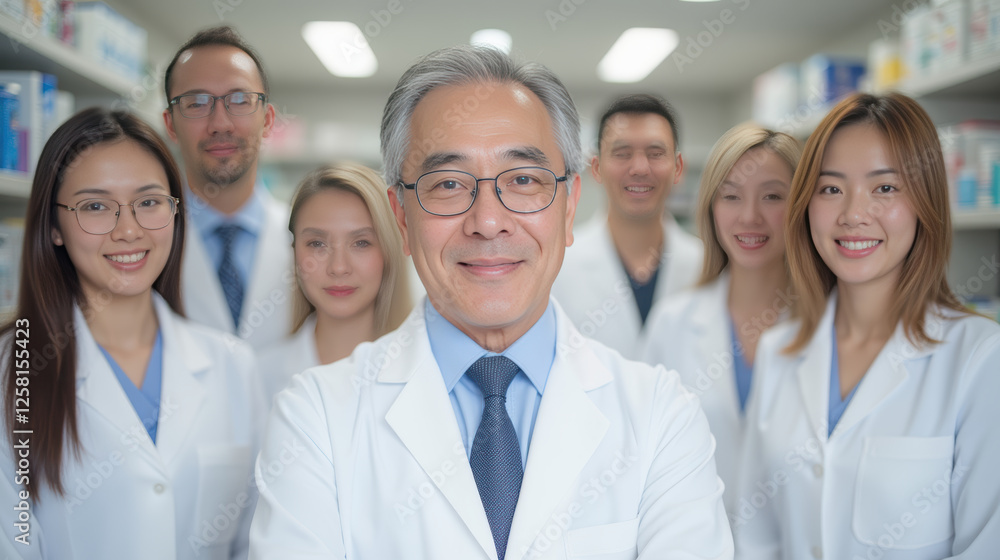 Fototapeta premium Professional healthcare team in lab coats smiling together