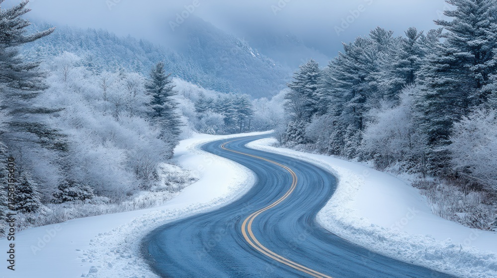 Serpentine road winding through a snowy landscape with frosted trees and misty mountains in the background Serpentine road winding through a snowy landscape with frosted trees and misty mountains in the background