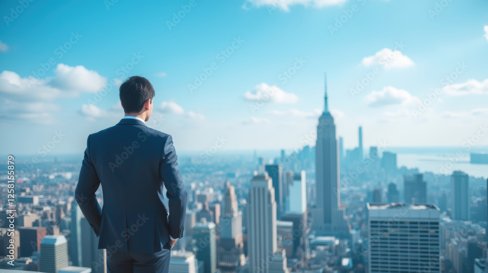 man in suit gazes at city skyline with skyscrapers and clouds man in suit gazes at city skyline with skyscrapers and clouds