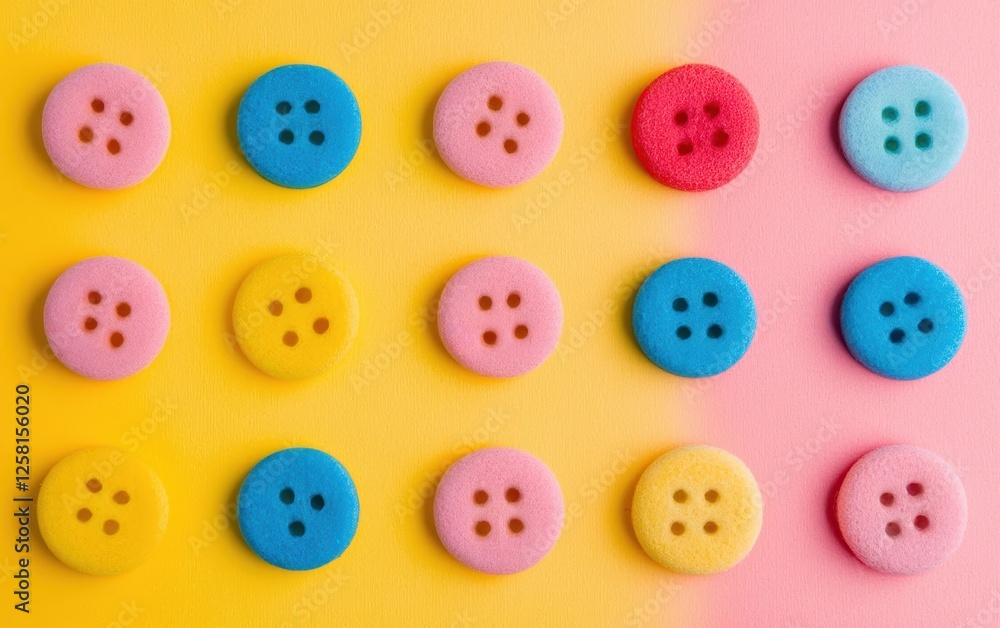 Colorful foam buttons arranged creatively on a vibrant background, perfect for crafting, sewing, or decoration projects. Colorful foam buttons arranged creatively on a vibrant background, perfect for crafting, sewing, or decoration projects.