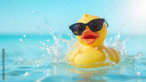 cheerful rubber duck wearing sunglasses splashes in clear water, evoking summer fun