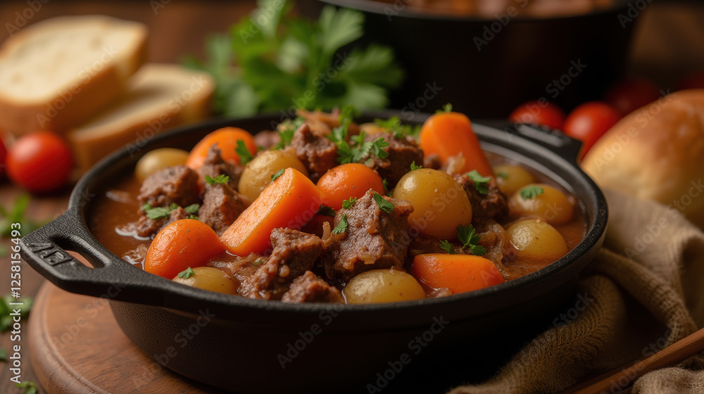 Delicious beef stew with carrots and potatoes in black pot Delicious beef stew with carrots and potatoes in black pot