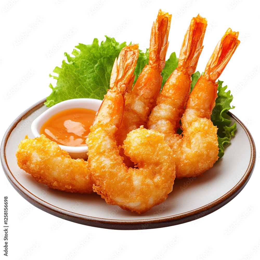 Crispy fried shrimp with lettuce and dipping sauce Crispy fried shrimp with lettuce and dipping sauce